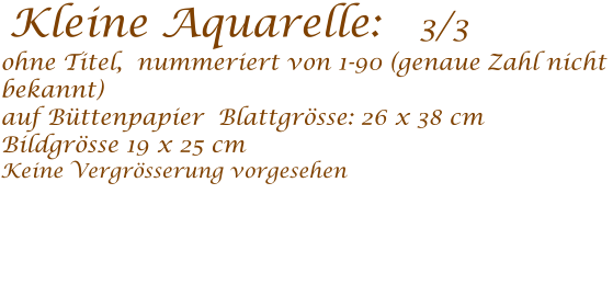 Kleine Aquarelle:   3/3   ohne Titel,  nummeriert von 1-90 (genaue Zahl nicht bekannt)auf Bttenpapier  Blattgrsse: 26 x 38 cm  Bildgrsse 19 x 25 cm  Keine Vergrsserung vorgesehen